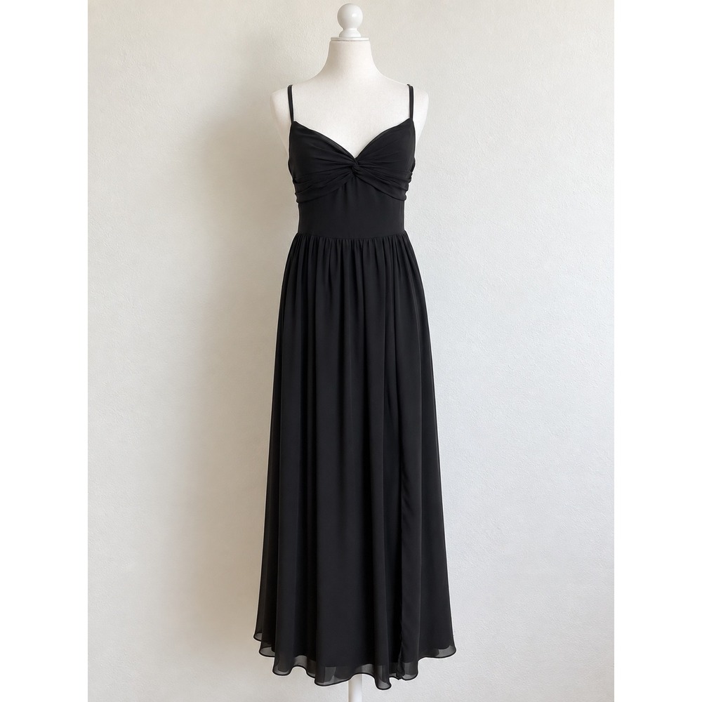 Azazie Zeya Black A-Line V-Neck Pleated Chiffon Dress 12 Front Slit Floor Length